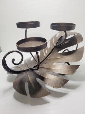 Monstera Leaf 3 Candle Holder Tropical Metal Table Centerpiece Boho Decor